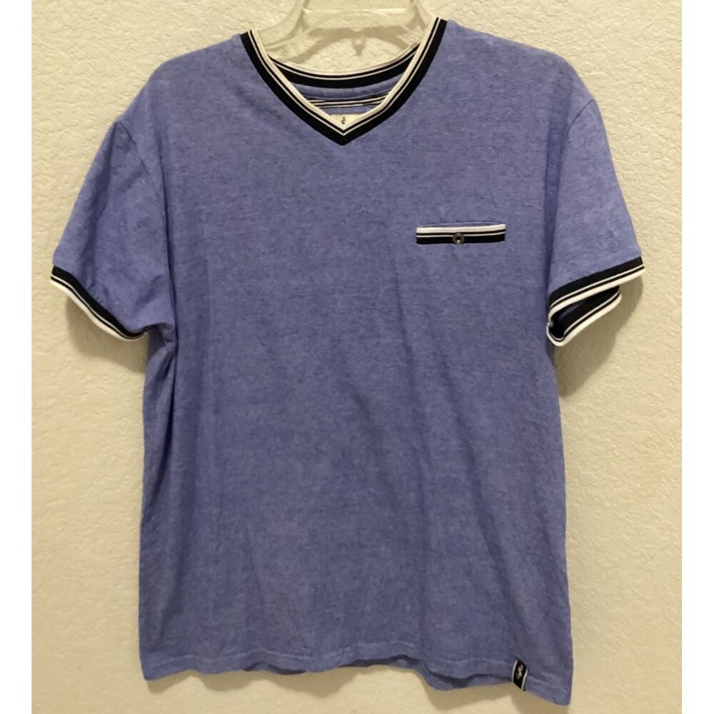 Scott James Blue V-Neck T-Shirt With Striped Collar & Pocket Accents Size L